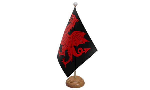 Welsh Dragon Black Small Flag With Wooden Stand